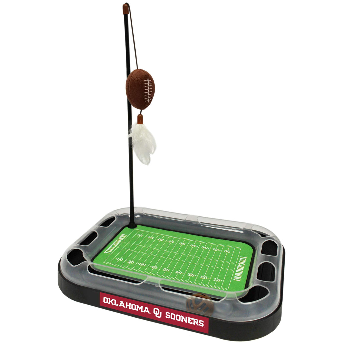 Pets First NCAA Oklahoma Sooners Football Field CAT Scratcher Toy with Catnip Filled Plush Football Toy & Hanging Feather Cat Wand Toys, with Jingle Bell Interactive Ball Cat Chasing 6-in-1 Kitty Toy
