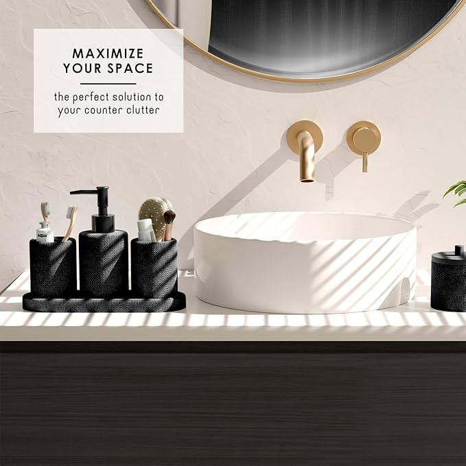 Clara Clark Bathroom Set - Black Bathroom Accessories Set, 5PC Bathroom Accessory Set, Bathroom Sets with Soap Dispenser, Toothbrush Holder, Tumbler, Cotton Swab Jar & Vanity Tray