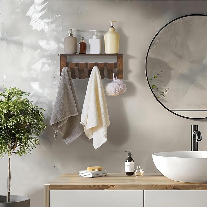 YMYNY Coat Rack Wall Mount with Shelf, Wall Shelf with Retractable Hooks, Wooden Wall Coat Rack for Entryway, Bedroom for Hanging Clothes/Coats/Keys/Hats/Towels/Bags, Walnut, HWS008H