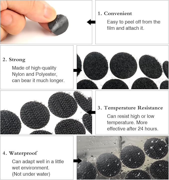 Self Adhesive Dots, Strong Adhesive 400pcs(200 Pairs) 0.59 inch Diameter Sticky Back Hook Nylon,Loop Strips with Waterproof Sticky Glue Tapes for Classroom, Office, Home(Black)