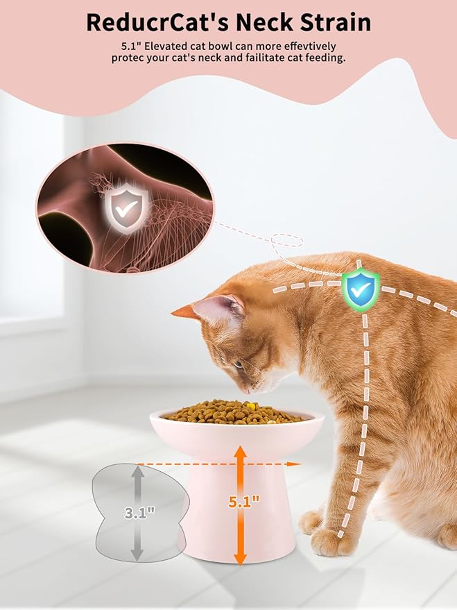LoeJan Elevated Cat Food and Water Bowls Set, Extra Wide and Raised Ceramic Feeder, Anti-Vomit Whisker-Free Pressure Feeding Bowl for Kittens Adult Cats Small Dogs(Pink, Food Bowl)