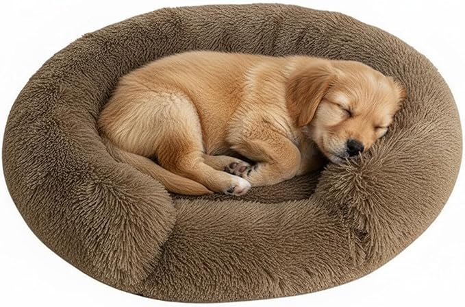 Fluffy Dog Bed Calming Donut Beds for Large Dogs Warming Round Small Medium Pet Nest Cozy Cat Mattress Indoor Washable Puppy Kennel Kittens Sleep Mat (S, 23.6×23.6 inch, Light Brown)