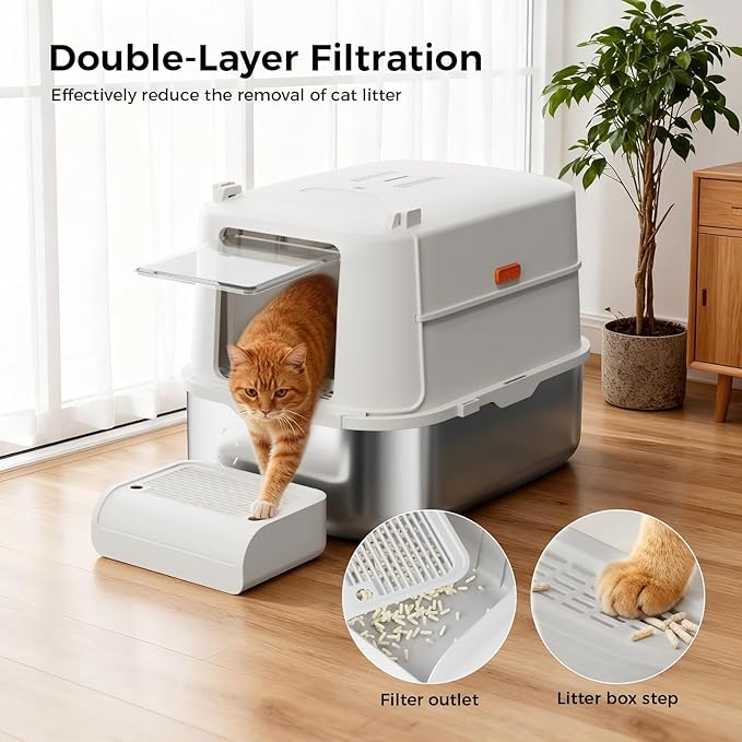 GTPLAYER XL Enclosed Stainless Steel Cat Litter Box with Lid, High-Sided 304 Metal Covered Litter Pan for Large Cats, Leak-Proof Non-Stick Design with Scoop, Step & Mat, Classic Gray