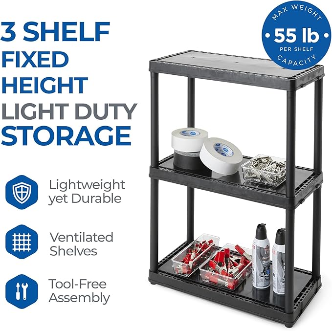 Gracious Living 3 Shelf Fixed Height Light Duty Storage Unit 12 x 24 x 33" Organizer System for Home, Garage, Basement, & Laundry, Black (3 Pack)