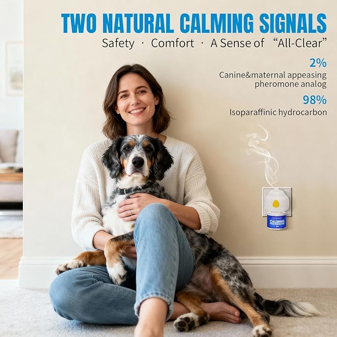 Dog Pheromones Calming Diffuser Anxiety Relief Calming Diffuser for Dog Reduce Aggression Stress Fighting Barking Chewing Pee Accidents & Separation Behaviors, 2 Plug in+4x48ml Refill