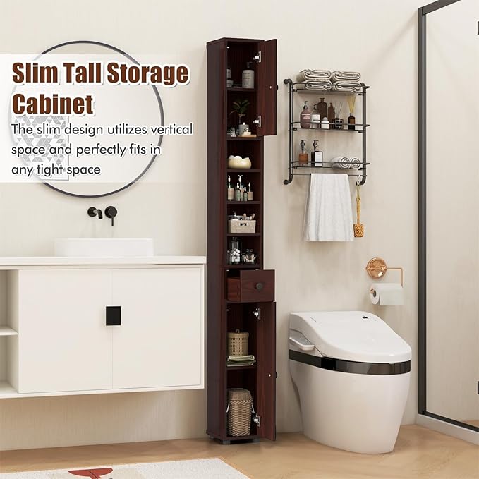 Giantex Slim Bathroom Storage Cabinet - Tall Narrow Floor Cabinet Cupboard with 2 Doors, 5 Adjustable Shelves, Drawer, Anti-Tipping Device, Thin Linen Tower Cabinet for Living Room, Reddish Brown