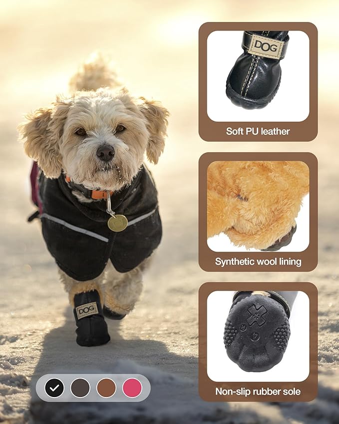 Winter Dog Boots & Paw Protectors: Outdoor Anti-Slip Dog Snow Shoes, Dog Booties Provide Warmth to Dogs Paws from Ice and Snow, Rubber Sole PU Leather Upper Faux Fleece-Lined, Black Dog Shoes Size 8