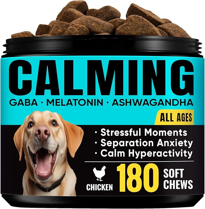 Calming Chews for Dogs – GABA & Melatonin for Fast-Acting Relief – Long-Lasting Support with Ashwagandha – Stress & Anxiety Relief Treats for Dogs – Thunder, Separation, Travel & Fireworks – 180 Chews