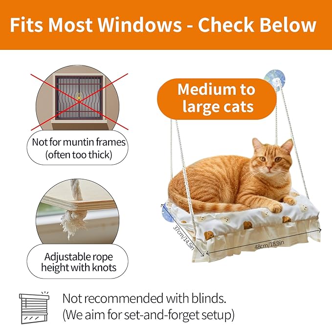 Cat Window Perch, Heavy Duty 20KG/44LB Suction Cup Hammock Bed with Soft Cushion, Secure & Stable Window Mount for Lazy Time, Bird Watching, Safe for Large Cats, 18.9"x14.5" (Little Bear)