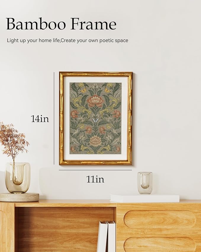 Vintage Botanical Butterflies Flowers Wall Art 11x14, Gold Bamboo-Textured Framed Canvas Print Acrylic Cover, Classic Garden Painting Floral Artwork Room Bedroom Entryway Home Office Décor