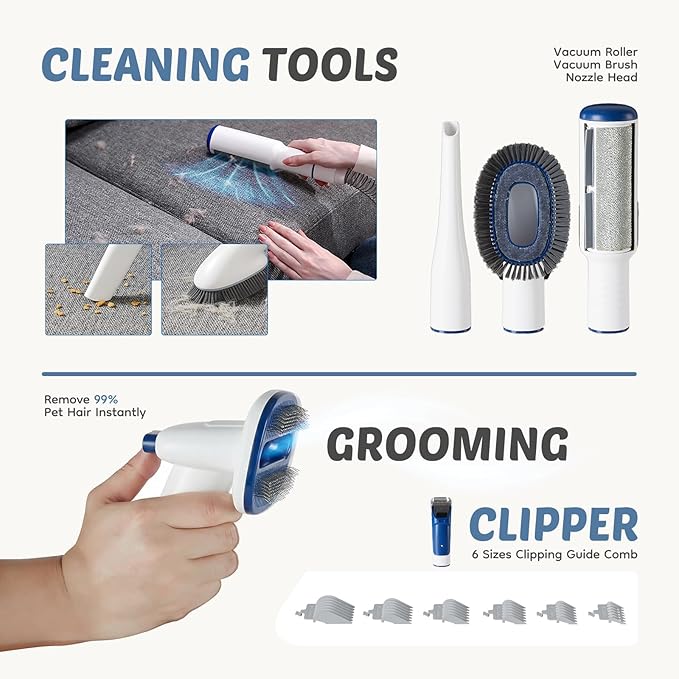 DUMOS Pet Grooming Vacuum Kit 2.5L, 3 Adjustable Suction Modes Pet Clipper, 5 Professional Grooming Tools with Cordless Low Noise Dog & Cat Hair Clippers, Blue & White