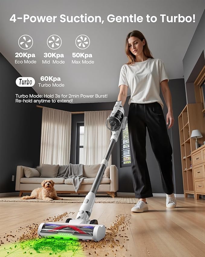Cordless Vacuum Cleaner for Home, Upgraded 60Kpa Powerful Suction Pet Hair Vacuum with 70min Runtime, Green LED Light for Hardwood Floors & Carpet, Self-Standing Rechargeable Stick Vacuum, Off-white