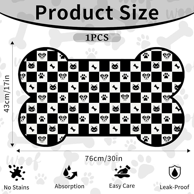 Pet Dog Cat Food Mat, Absorbent Bone Shaped Dog Bowl Mats for Food and Water, Non Slip Cute Footprint Dogs Cat Placemats Feeding Mat for Floors Puppy Pet Accessories Supplies 17"x30" Black White