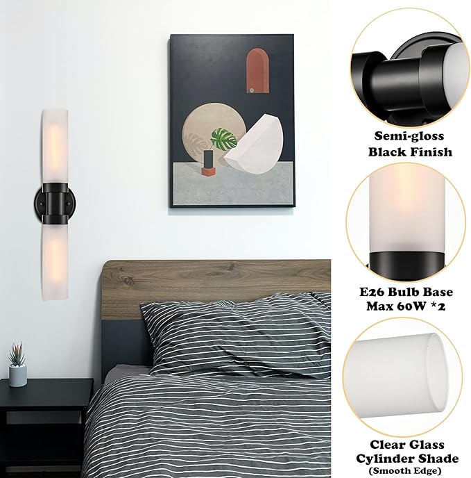 Modern Black Glass Wall Sconce 2-Light Cylinder Bathroom Wall Light Fixtures 20-Inch Frosted Glass Sconces Wall Lighting for Bedroom Living Room Hallway