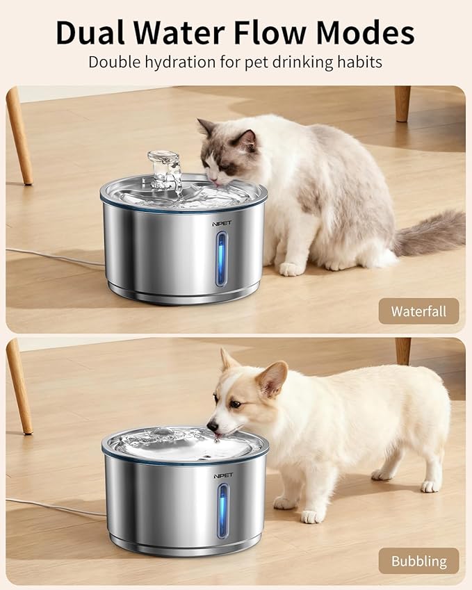 NPET Stainless Steel Cat Water Fountain, 1Gallon/135oz Automatic Pet Drinking Fountain with LED Water Pump