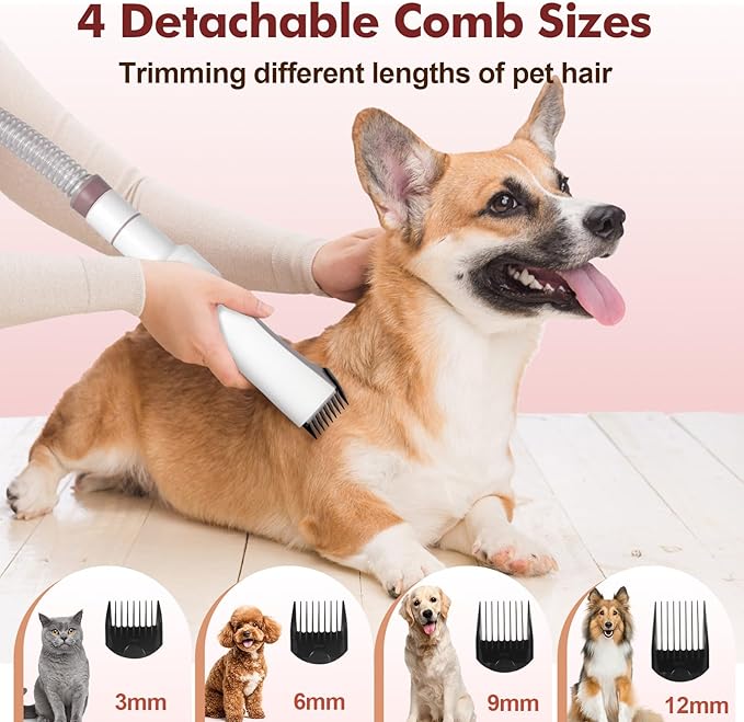 Dog Grooming Vacuum, 12000Pa Powerful All-in-One Pet Grooming Vacuum for Dogs Cats, Low Noise Pet Hair Clipper with 3.2L Dust Cup for Shedding Pet Hair, Low Noise, 3 Levels, White