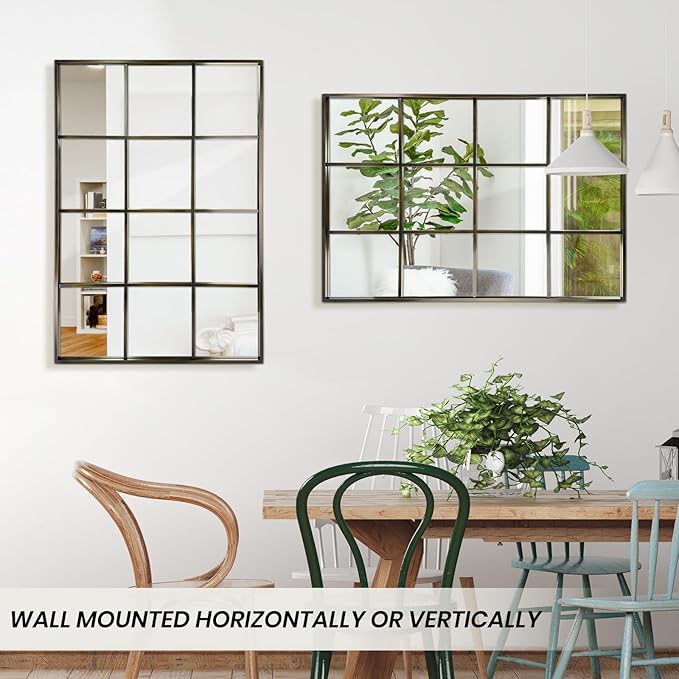 Windowpane Wall Mirror 24"x36" Bronze Wall Mounted Art Pane Mirror Farmhouse Decorative Mirror Leaning Hanging Wall Mirror for Bedroom Living Room Entrance Hallway Wall Decor
