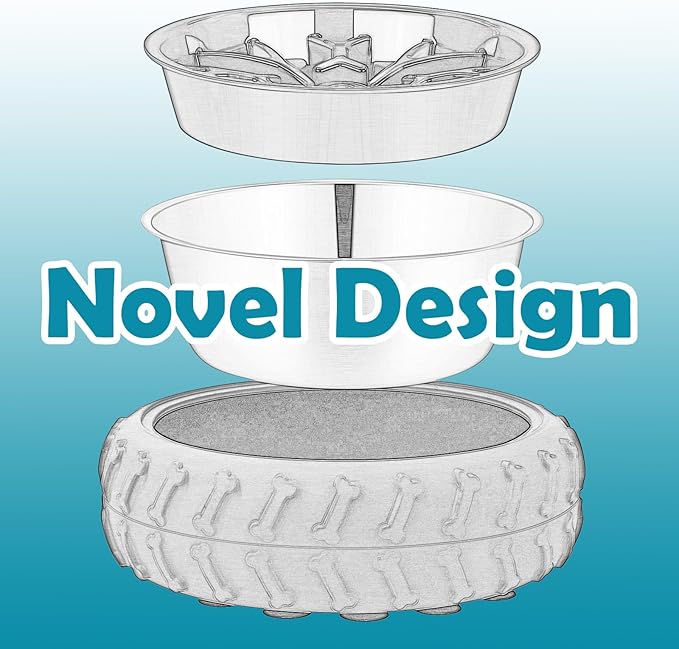 3-in-1 Funny Car Tire Dog Feeder - Non-Slip Slow Feeder & Stainless Steel Water Bowl for Wet, Raw Food & Water, Multifunctional for Small, Medium & Large Dogs，Feeding Vessels for Pets