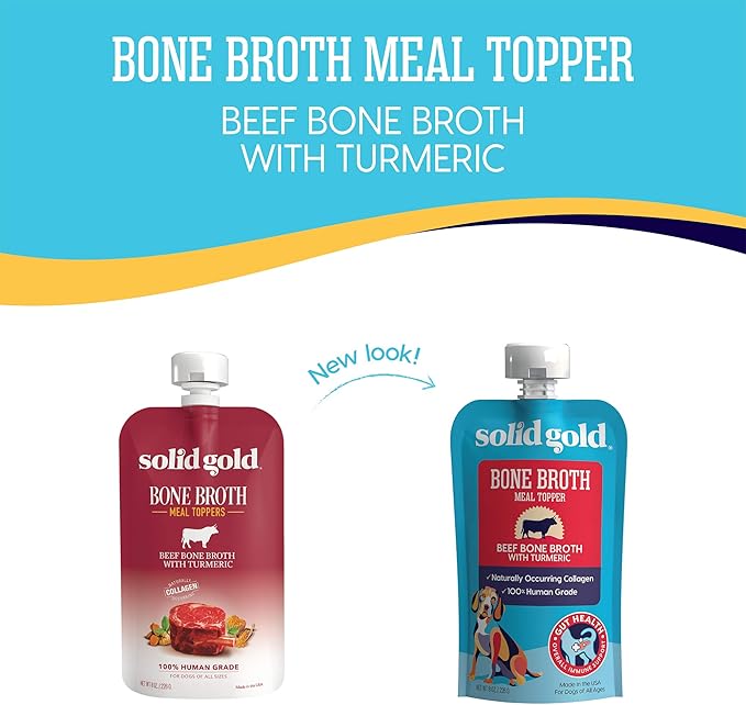 Solid Gold Beef Bone Broth for Dogs - Grain Free Dog Food Topper Rich in Collagen and Superfoods - Nutrient Dense Dog Gravy Topper for Dry Food - Promotes Gut Health and Hydration - Single