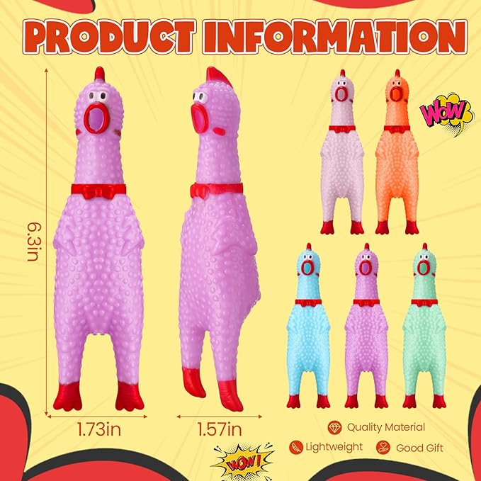 Honoson 50 Pcs Rubber Chickens Squeak Screaming Chicken Novelty Bulk Dog Toys for Pets Dogs Adults, 6.3 Inch(Light Color)