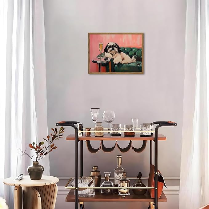 Funny Dog Wall Art, Cute Animal On Couch Bar Cart Pictures Wall Decor Paintings, Eclectic Dog with Cocktail Canvas Prints, for Living Room Dining Room Bedroom 12x16 inch Wood Framed