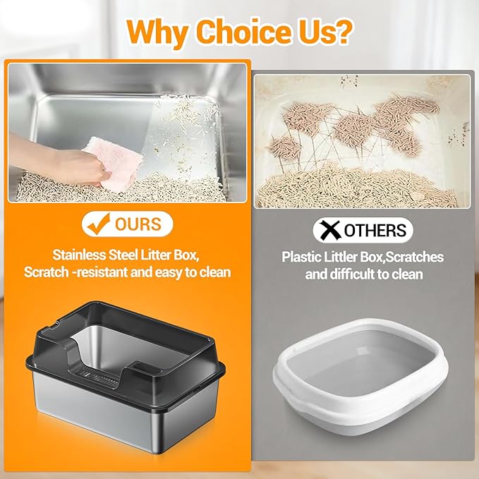 Enclosed Stainless Steel Cat Litter Box with Lid, XL Extra Large Litter Box for Big Cats, Metal Litter Pan High Sided, Never Absorbs Odors, Anti-Urine Leakage, Easy Cleaning, Include Scoop