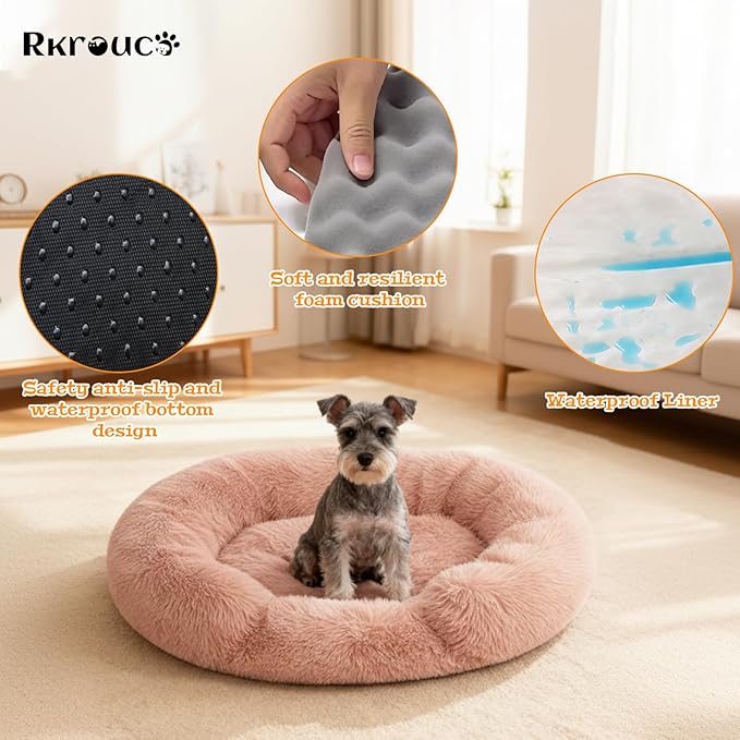 Fluffy Dog Bed Calming Donut Beds for Large Dogs Warming Round Small Medium Pet Nest Cozy Cat Mattress Indoor Washable Puppy Kennel Kittens Sleep Mat (L, 35.4×35.4 inch, Fresh Pink)