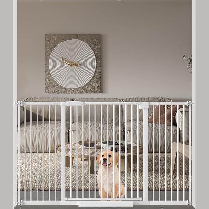 WAOWAO 1.37" Ultra Narrow Spacing Extra Wide Baby Gate 53.74-57.67" Pressure Mounted Walk Through Double Lock Swing Auto Close Safety White Metal Toddler Child Dog Pet for Indoor,Doorway,Kitchen