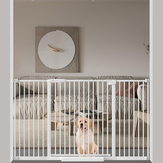 WAOWAO 1.37" Ultra Narrow Spacing Extra Wide Baby Gate 53.74-57.67" Pressure Mounted Walk Through Double Lock Swing Auto Close Safety White Metal Toddler Child Dog Pet for Indoor,Doorway,Kitchen