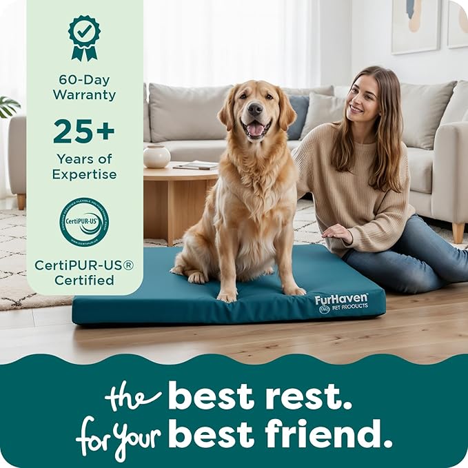 FurHaven Water-Resistant Orthopedic Dog Bed for Large Dogs, Oxford Polycanvas Mattress with Orthopedic Egg Crate Foam for Joint Support, Removable Washable Cover, Jumbo/XL, Deep Lagoon
