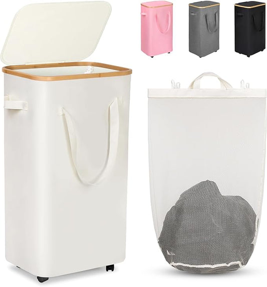 WELTRXE Laundry Basket with Wheels, 110L Large Clothes Hamper for Laundry, Collapsible & Waterproof Laundry Hamper with Lid and Removable Inner Bag, for Laundry Room, Bedroom, Dormitory Storage, Beige