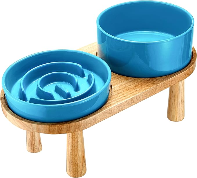 Ceramic Slow Feeder and Water Bowl Set for Small Dogs, 6.0 Inch Ceramic Dog Bowls Elevated with Wooden Stand, 0.6 Cups Dog Slow Feeder(14oz) and 30oz Water Bowl Set, Blue