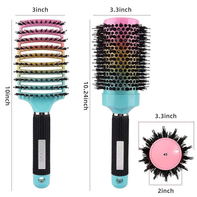 Round & Paddle Brush Set, 4 Piece Boar Bristle Brush Set for Fine & Thick Hair, Blow Drying for Women & Men, Curl Defining & Wet Hair