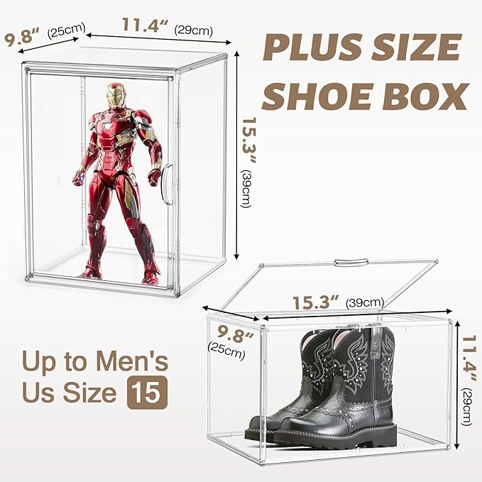 2 Pcs Shoe Display Case, XX-Large 15.3'' Tall Boot Storage Box Transparent Handbag Organizer for Closet Acrylic Shoe Box Clear Plastic Stackable Sneaker Collectibles Case with Detachable Divider