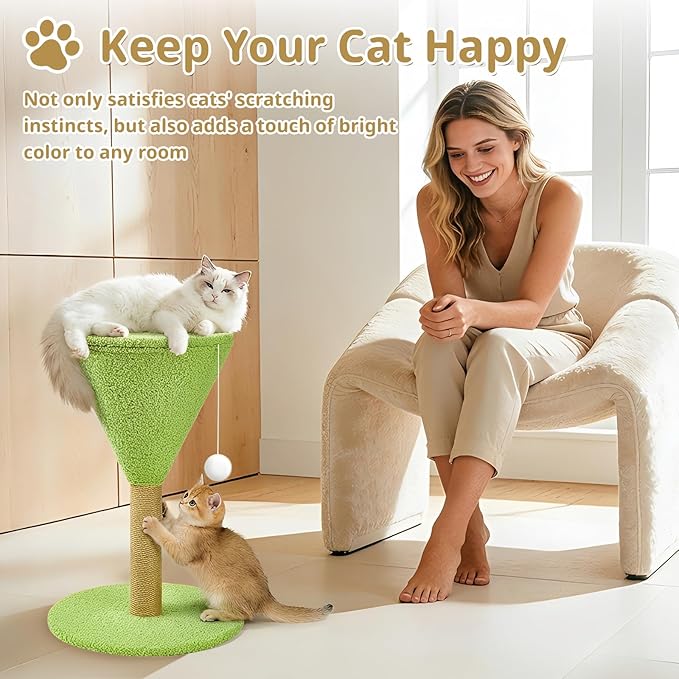 Green Martini Cat Scratcher 19.7" Tall Scratching Post with Interactive Ball and Perch Natural Sisal Rope Decorative Martini Glass Tree Tower for Indoor Kittens Small, Medium, and Large Cat