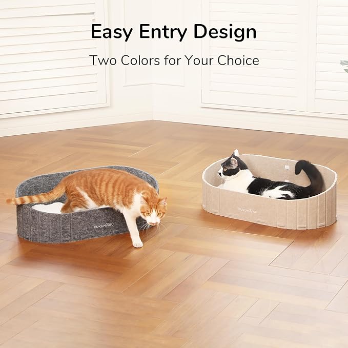 FUKUMARU Cat Beds for Indoor Cats, 24 Inch Large Cat Couch Bed with Cozy Faux Rabbit Fur Cushion, Felt Cats House Sofa in Oval Shape, Camel