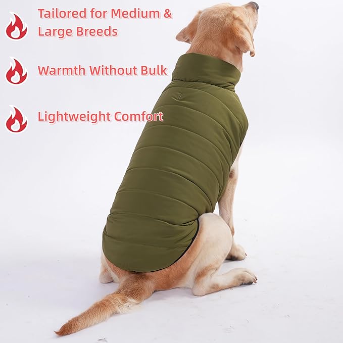 LovinPet Reversible Dog Puffer Coat for Medium & Large Dogs, Down‑Insulated Winter Jacket, Water‑Resistant & Wind‑Resistant, Anti‑Static, Dual-Sided Dark Green & Grey for Cold Weather,2XL
