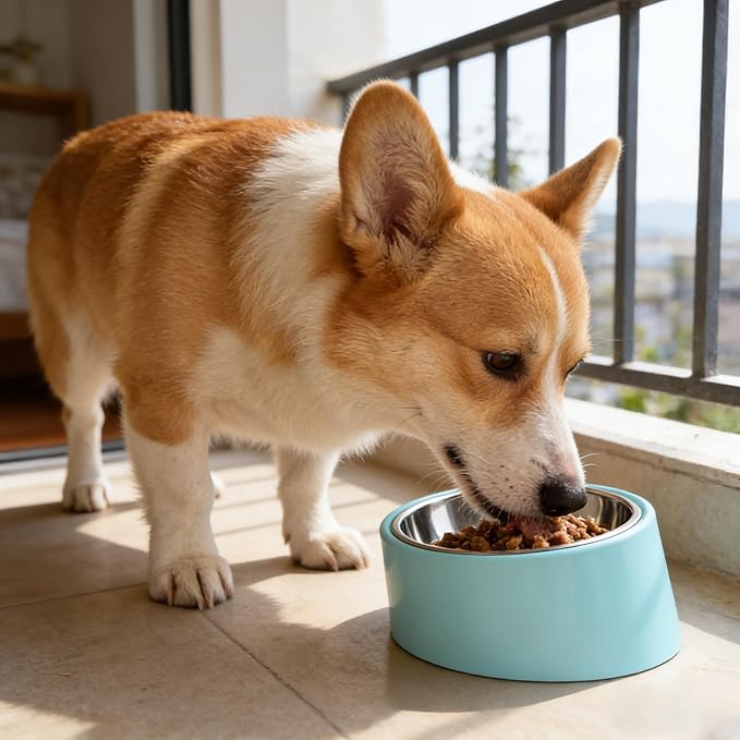 Small Light Blue 15° Slanted Dog Water Bowl - Elevated Raised Pet Dish with Removable Stainless Steel Inner Bowl, Ergonomic Tilt Design for Easy Drinking