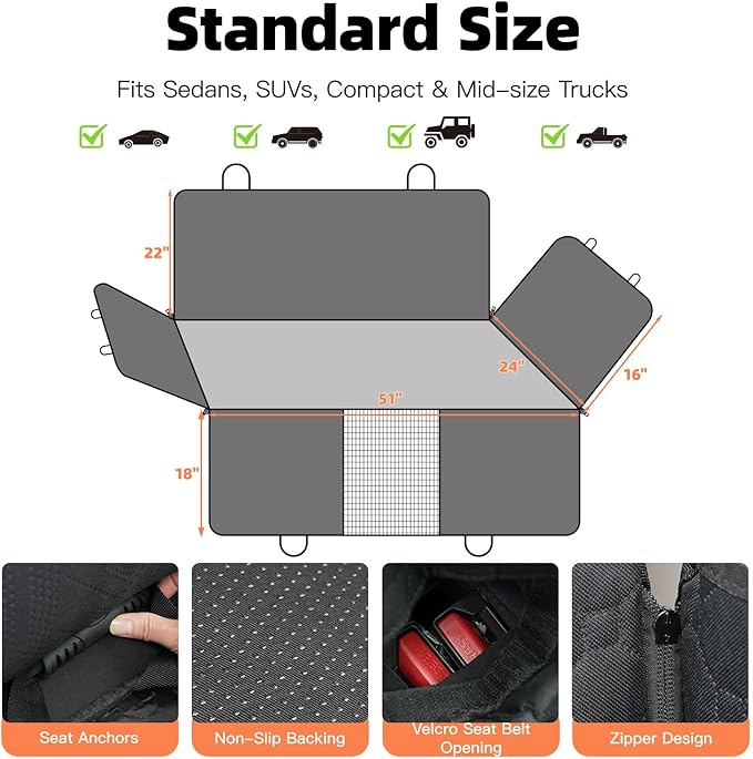 Dog Car Seat Cover for Back Seat.100% Waterproof Back seat Cover. 600D Heavy Duty Scratch Proof Nonslip Durable Soft Dog Hammock for Cars, Trucks and SUVs. Standard, Black