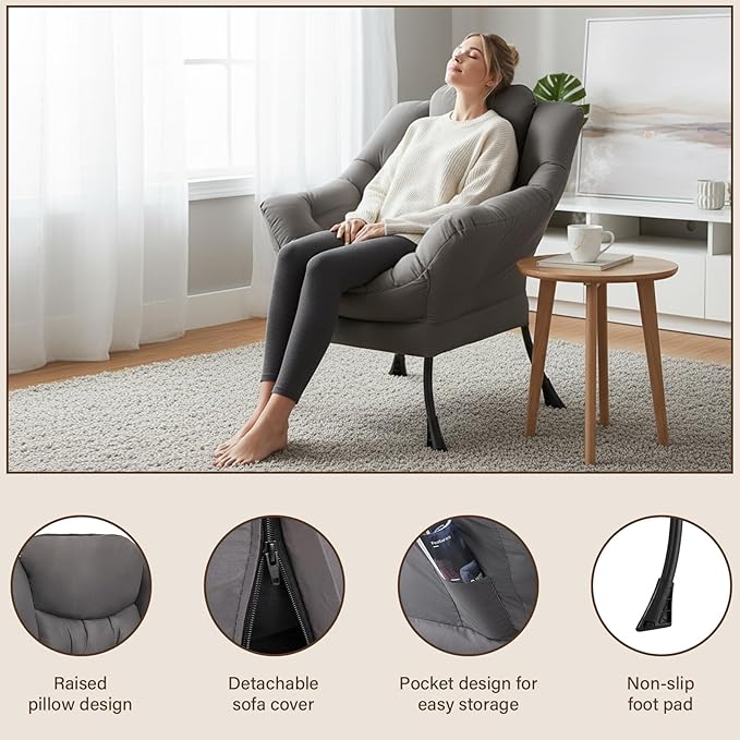 Welnow Lazy Chair for Living Room, Modern Reading Lounge Accent Chair with Armrests and a Side Pocket, Leisure Upholstered Lazy Sofa for Small Space, Bedroom, Dorm, Dark Grey