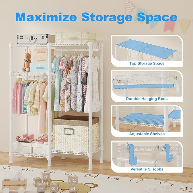 Ulif F1 Garment Rack for Kids, Baby, Students, and Children's Room, 4 Tiers Freestanding and Portable Heavy Duty Closets, Small Metal Clothes Rack with 2 Hanging Rod, 31.2" W x 11.8" D x 48" H, White