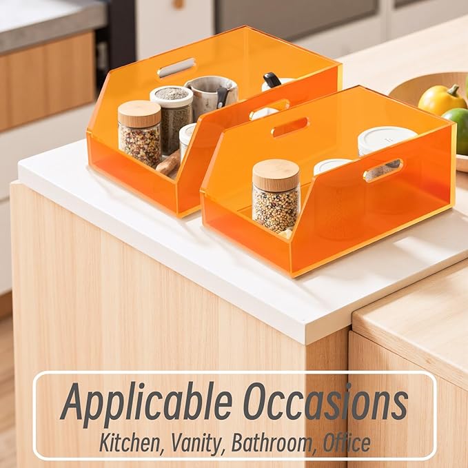 Gelite Stackable Storage Bins Open Front Organizer Bins with Handles Acrylic Storage Container for Pantry Kitchen Cabinet Bathroom Closet Office Organization, 11.4x7.5x5.1'', Neon Orange