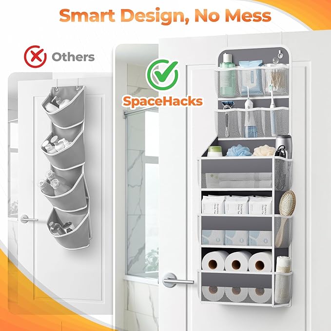 5-Tier Over The Door Organizer with Mesh Pockets, Baby Nursery Storage for Closet, Bathroom and Bedroom, Adjustable Hanging Closet Organizer for Cosmetics, Books and Essentials (Dark Grey)