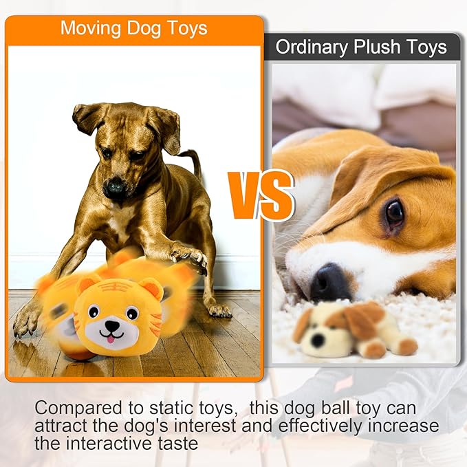 Mity rain Interactive Dog Toys, Active Moving Pet Plush Toy for Dogs, Dog Squeaky Moving Ball Toys with Chewable Plush Cover&Music for Small Medium Large Dogs Chasing (Tiger Pattern)