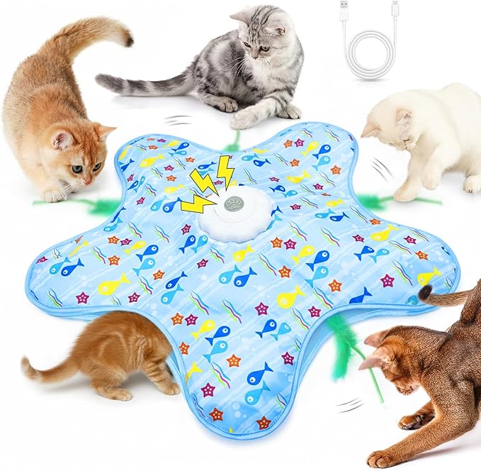 Cat Toys for Indoor Cats,Rechargeable Interactive Cat Toy with Touch-Activated Hide and Seek,Fluttering Feather and Mouse Squeaker for Bored Indoor Adult Cats Easter Gifts Blue