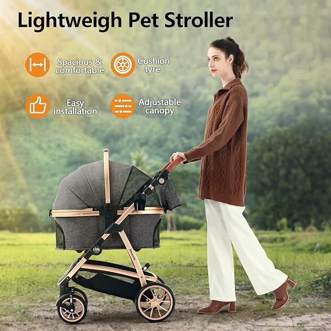 Kenyone Pet Stroller 3 in 1 for Medium Small Size Dogs Luxury Large Cat Stroller Detachable Carrier for Puppy, Kitty, Doggie (C510L Dark Gray)