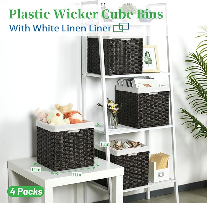 Bidtakay Black Wicker Cube Baskets 11 inch 4 Pack Waterproof Hand-Woven Storage Baskets for Organizing Pantry Bedroom