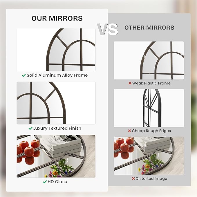 Arched Windowpane Mirror Full Length 65"x24" Wall Mounted Bronze Art Pane Farmhouse Decorative Floor Mirror Leaning Hanging Wall Mirror for Bedroom Living Room Entrance