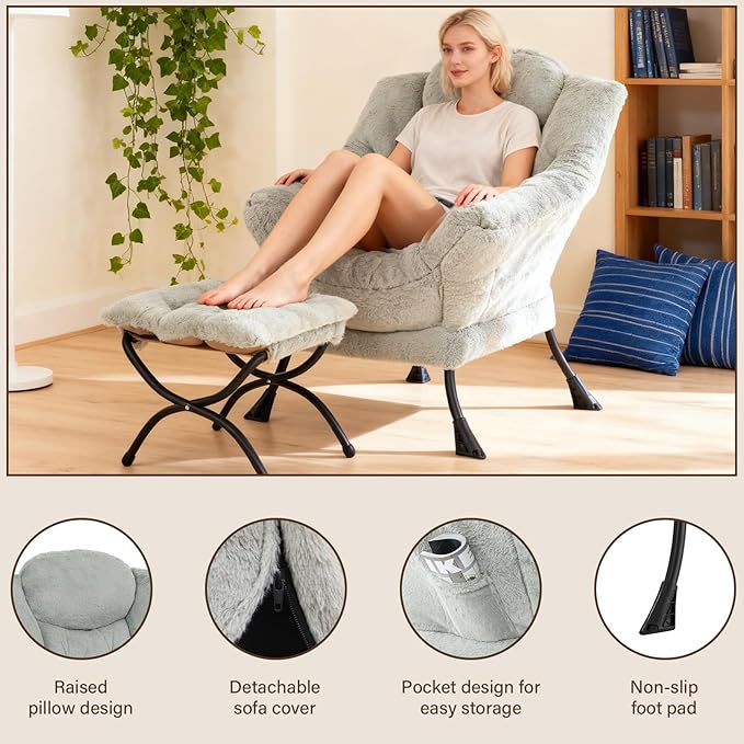 Welnow Lazy Chair with Ottoman, Modern Lounge Accent Chair with Armrests and a Side Pocket, Leisure Sofa Armchair, Reading Armchair with Footrest for Small Space, Plush Green