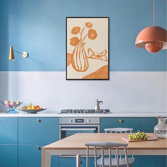 Funny Sneaky Dog Poster Retro Still Life Kitchen Canvas Wall Art Modern Abstract Floral Watercolor Animal Prints Painting For Living Room Kitchen Dining Room Wall Decor 24x36in Framed